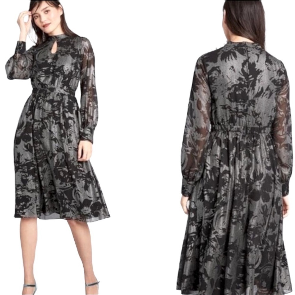 Modcloth More to Adore Long Sleeve Silver Black Midi Dress